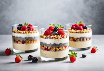 floating chia pudding layers with fruit bits