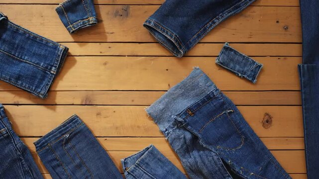 Several worn and cut up blue denim jeans on a weathered brown wooden surface, creating a unique and rustic textured background