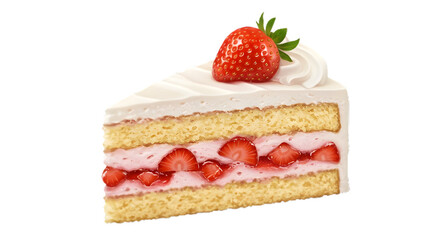 Strawberry cake slice with cream layers isolated on transparent background