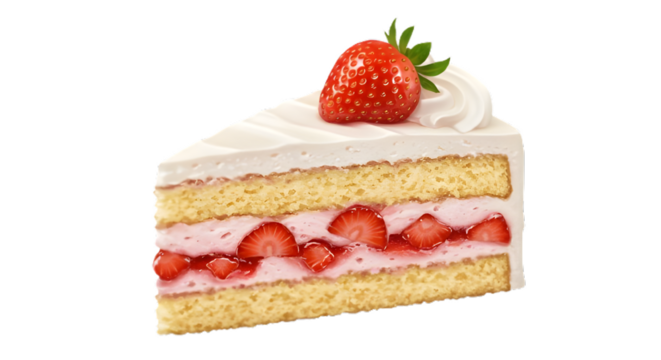 Strawberry cake slice with cream layers isolated on transparent background