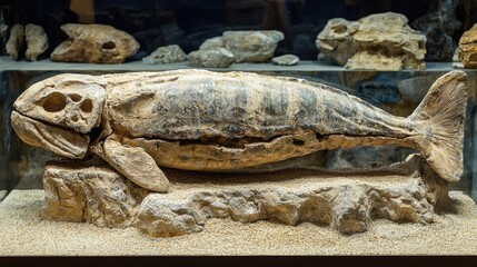 Detailed View of an Extinct Whale Fossil on Display in a Museum