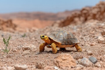 Obraz premium Desert tortoise explores the arid landscape under bright sunlight in a serene desert environment