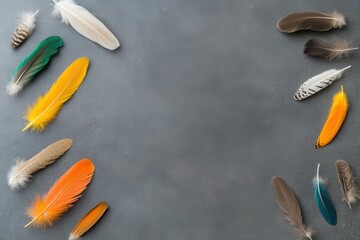 Colorful feathers arranged creatively on a dark background for artistic display and craft project