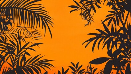 Silhouettes of tropical foliage against an orange sunset
