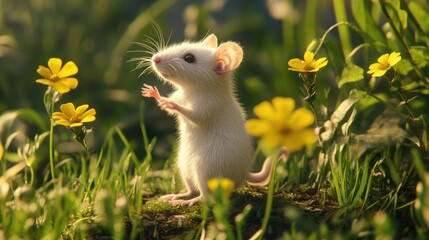 Mouse stands amidst wildflowers in a sunny meadow, perfect for story illustration
