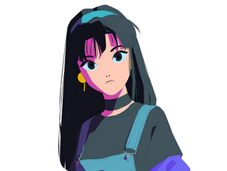 90s inspired character with long black hair and blue headband illustration on white background