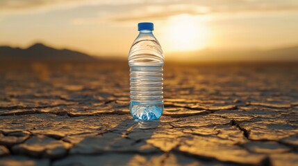 Water bottle standing on cracked dry desert ground — concept of thirst, drought, and scarcity. Concept of climate change and global warming