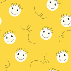 Joyful childish seamless pattern in naive doodle style with smiling faces and doodles for fabric, kids products, baby clothes, stationery, packaging, backgrounds, cheerful surface design, etc.