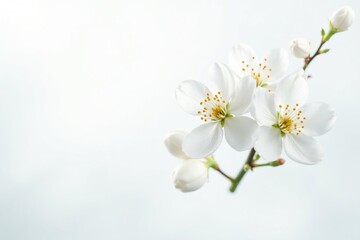 Delicate white blossoms against pure white backdrop, closeup, clean, plant