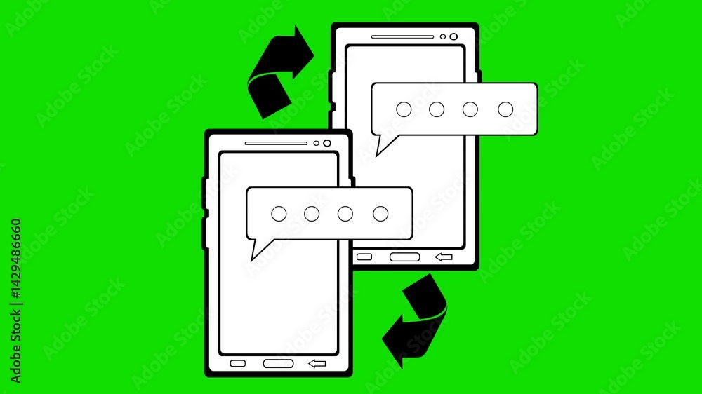 Poster video animation drawing black and white icon concept sending and receiving chat text messages on mob