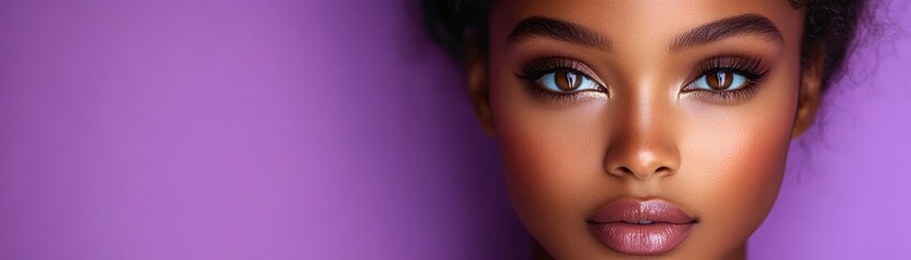 Fototapeta premium A close-up portrait of a woman with soft, glamorous makeup. The subject has dark hair, dark eyes and full lips with a purple background.
