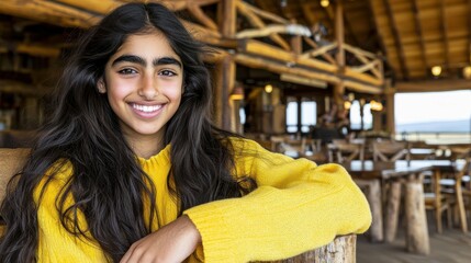 Fototapeta premium A woman with long hair is smiling and wearing a yellow sweater