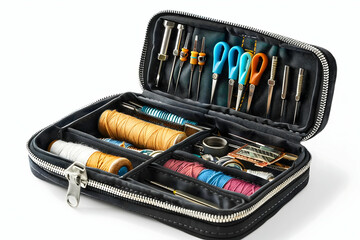 Travel sewing kit mockup on white with needles arranged neatly