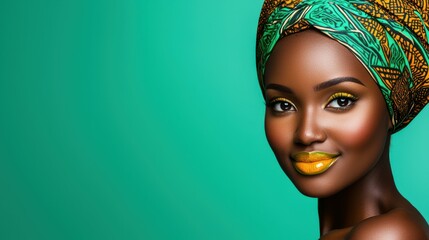 A woman with a green and yellow head scarf is smiling