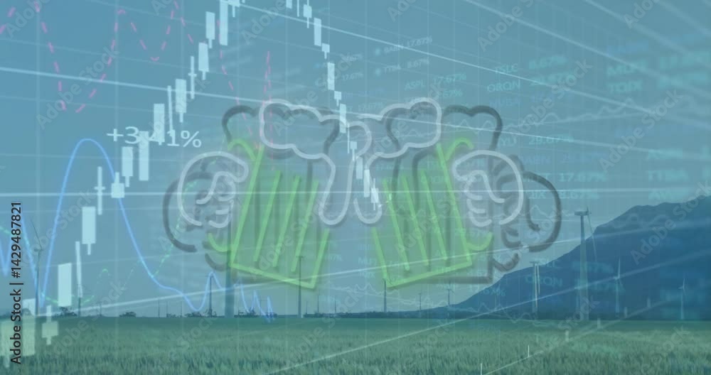 Poster cloud-computing icon floating over field with wind turbines, displaying candlestick graphs