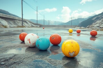 Colorful balls scatter across a wet urban landscape under a bright sky with distant mountains visible