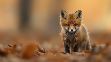 Fototapeta premium A small red fox is standing in the autumn leaves