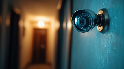 A camera is mounted on a wall in a hallway