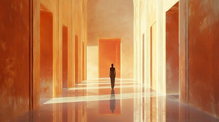 Solitary Figure Walking Reflective Orange Corridor Modern Architecture Minimalist Digital Art Peaceful Serene Ambiance Warm Golden Light Interior     