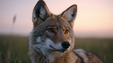 Fototapeta premium A coyote is standing in a field with a beautiful sunset in the background