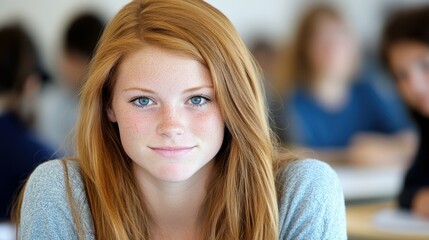 Fototapeta premium A girl with red hair and blue eyes is smiling at the camera