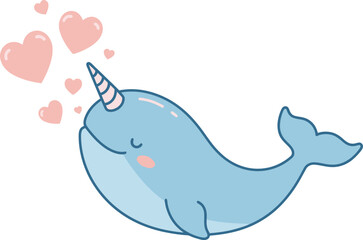 Fototapeta premium Cute blue narwhal blowing pink hearts cartoon vector illustration cheerful mood 