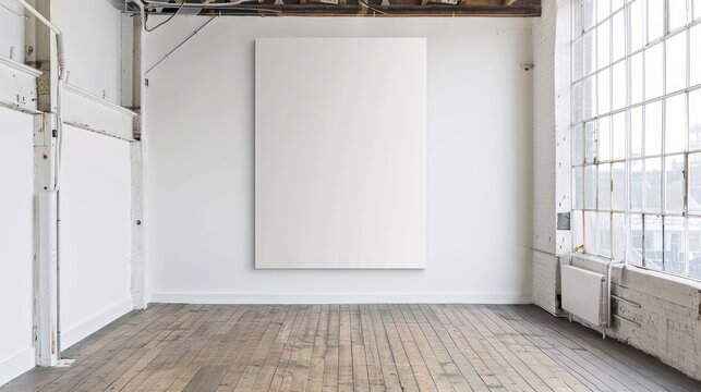 a photograph of a blank white rectangular canvas with the dimensions of 1.5m h x 1.2m w hanging against in the centre of a white wall in a studio with rough wooden floor boards 