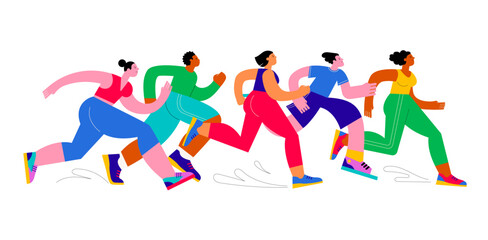 Abstract runners figures. Colorful illustration of group of people, men and women, running marathon together