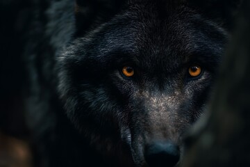 Bold dire wolf with glowing orange eyes in shadowy woods  
