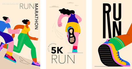 Abstract runners figures. Colorful illustration of group of people, men and women, running marathon together