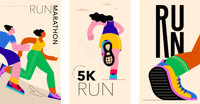 Abstract runners figures. Colorful illustration of group of people, men and women, running marathon together