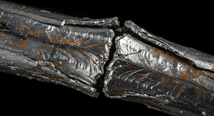 Metallurgical Failure Analysis Shows Fractured Metal Rod On Black Background