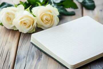 Obraz premium Elegant White Roses and Blank Notebook on Rustic Wood