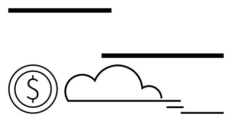 Dollar coin adjacent to a cloud outline with horizontal lines emphasizing motion. Ideal for finance, cloud computing, savings, online transactions, innovation, modern minimalism, simple landing page