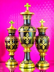 Ornate Vases With Cross On Vivid Pink Background