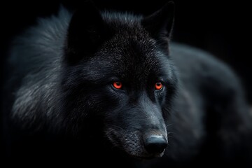 Bold black wolf with glowing red eyes stares boldly  
