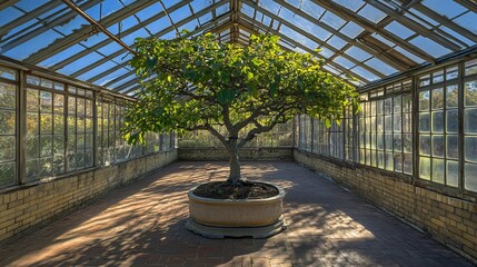 Green tree in aged greenhouse