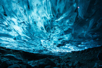 Beautiful view of an ice cave and surrounding area in Vatnajokull National Park (South Iceland)