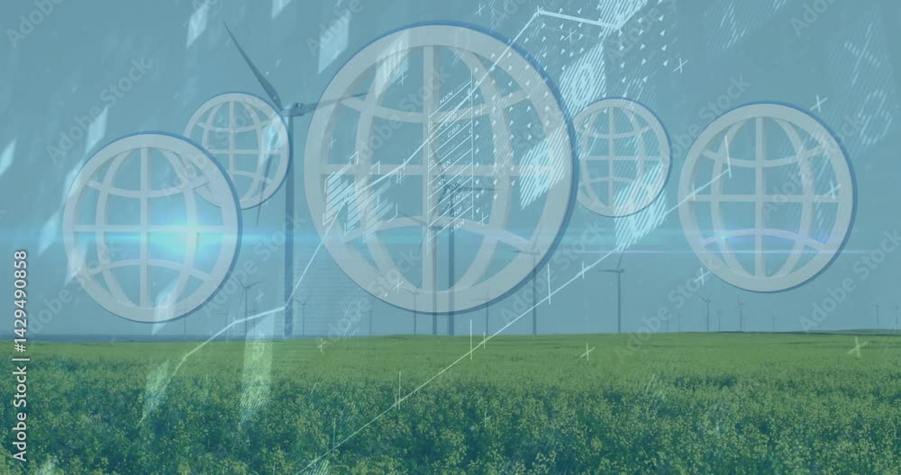 Poster globe icon floating over flowering field with wind turbines, displaying data charts in flat design
