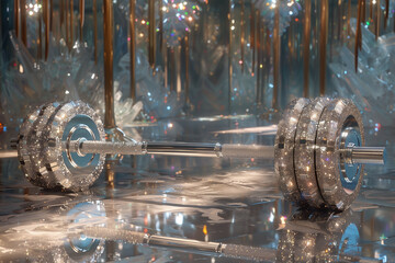 Luxurious barbell encrusted with diamonds and glitter stands in a shimmering crystal palace interior