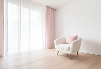 A white chair sitting in front of a window with pink curtains.