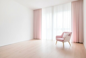 A white chair sitting in front of a window with pink curtains.