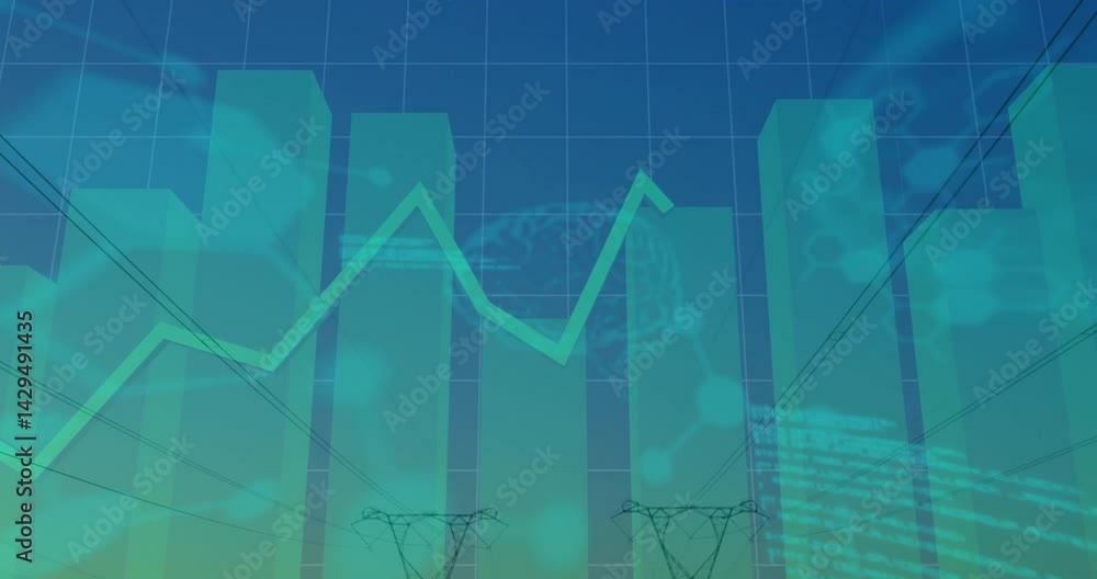 Poster semi-transparent bar chart being animated over power line towers and grid with jagged line graph