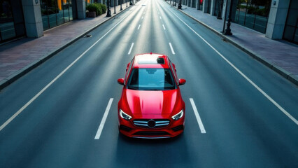 Fototapeta premium aerial view of modern red car driving on straight asphalt city road with copy space