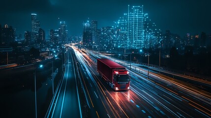 A night view of a truck driving through a bustling city illuminated by vibrant lights.