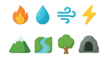 Vibrant  elemental icons set: fire, water, air, earth, and more for creative projects