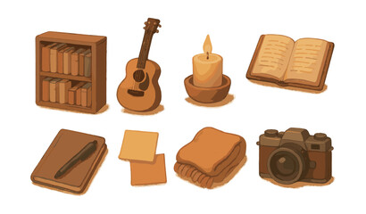 cozy creative space icons set: book, guitar, candle, notebook, camera, blanket, more