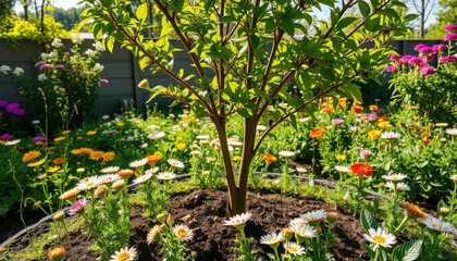 Vibrant Garden with Blooming Flowers and a Young Tree in a Backyard Setting