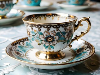 Elegant Floral Teacup With Golden Accents On Saucer