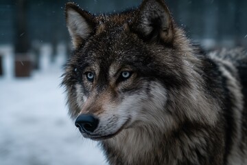 Obraz premium dire wolf captured in snowy day portrait image 